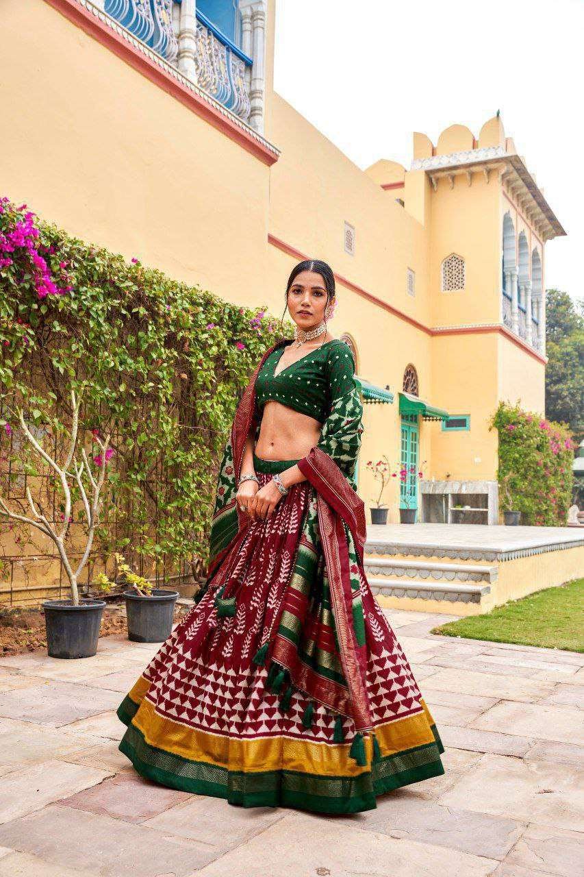 Dark Green Dola Silk Lehenga Choli with Maroon Blouse | Patola Print & Foil Work | Wedding & Festive Wear